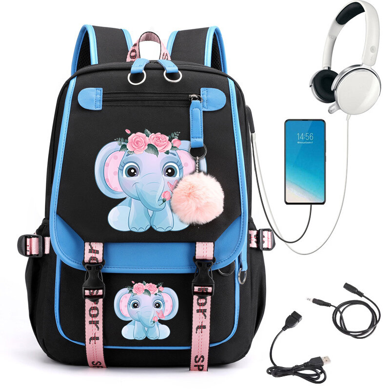 코끼리 프린트 배낭, 십대 소녀 어린이 배낭 초등 학교 가방, 어린이 만화 책가방, USB 충전 백팩