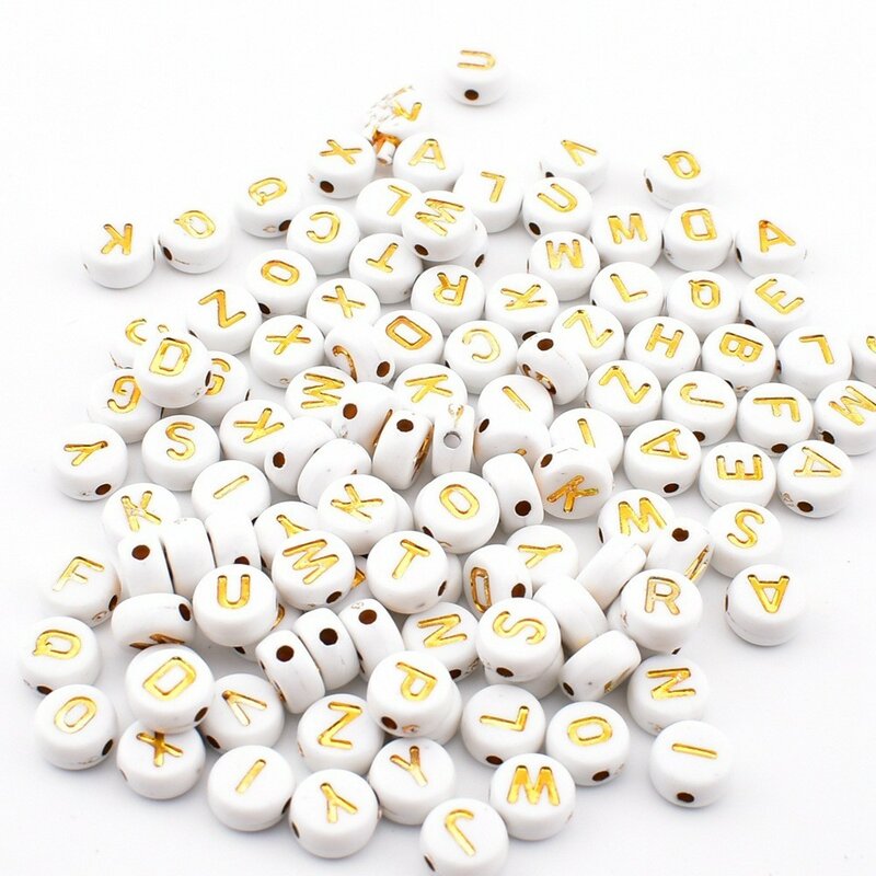 50pcs/lot 7*4*1mm DIY Acrylic letter beads Round white gold letter bead for jewelry making