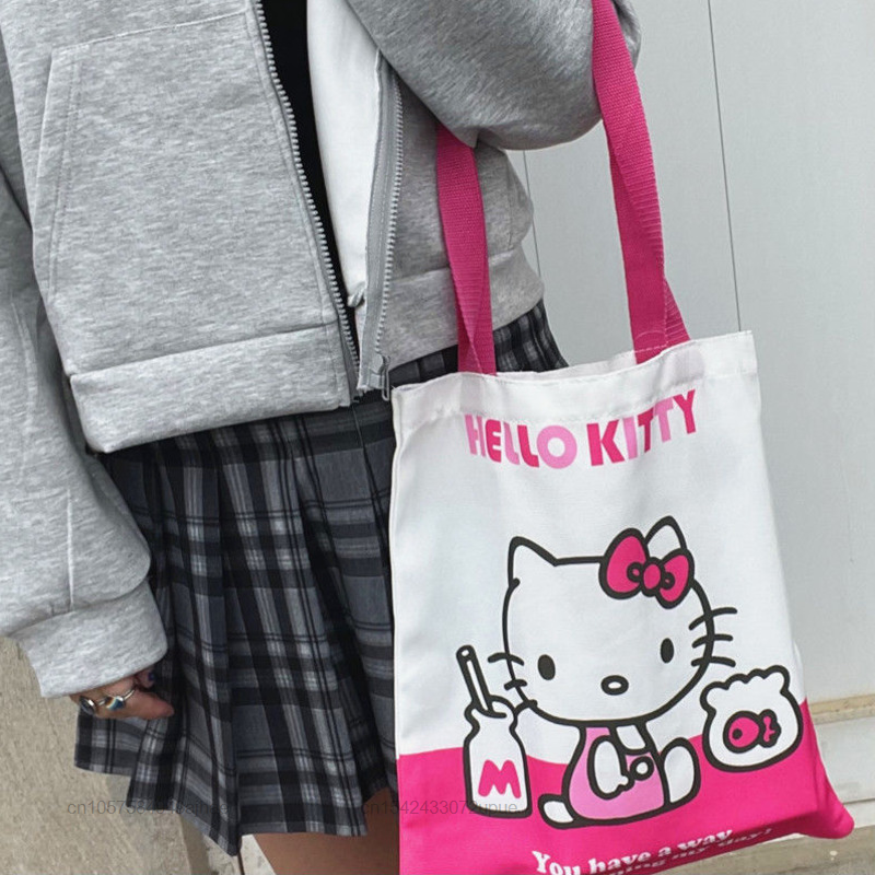 Sanrio Hello Kitty Sacos Mulheres Doce Canvas Shopping Bag Estudante Dos Desenhos Animados Sacos De Ombro Y2k Feminino Tote Ao Ar Livre Casual Bolsas