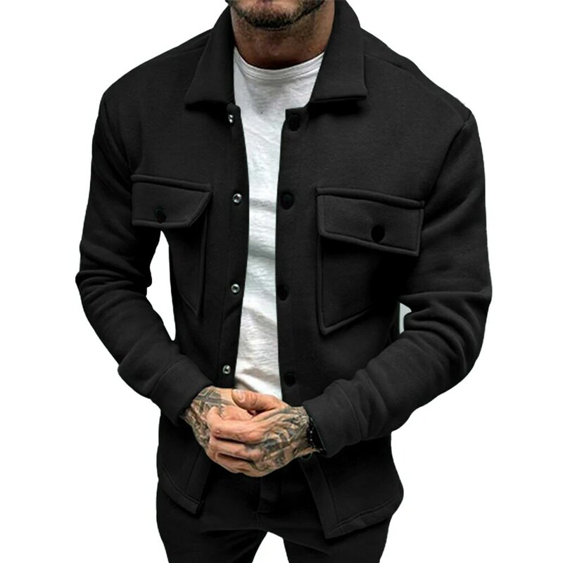 Cozy and Stylish Men\\\\\\\'s Fleece Jacket Solid Color Lapel Collar Button Up Perfect for Spring Autumn Winter Seasons
