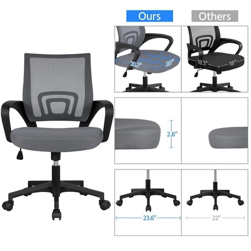 Smile Mart kursi kantor, jaring putar tengah belakang dapat disesuaikan dengan sandaran tangan, abu-abu gelap