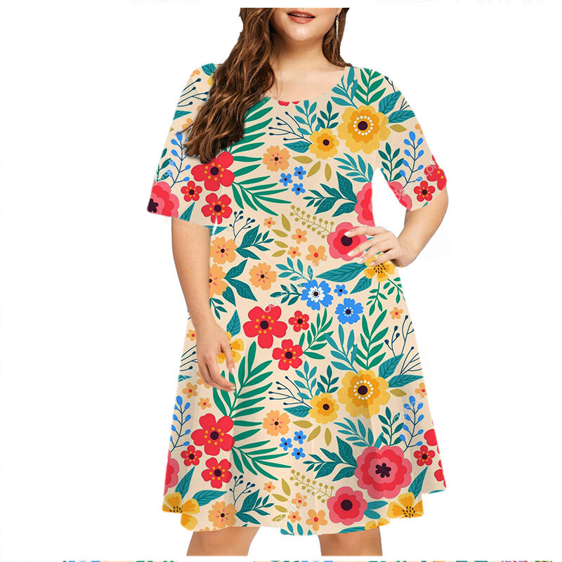 6XL Plus Size Casual Dresses Summer Vintage Floral Print Loose Dress Women Painting Short Sleeve O-Neck Mini Dress Lady Sundress