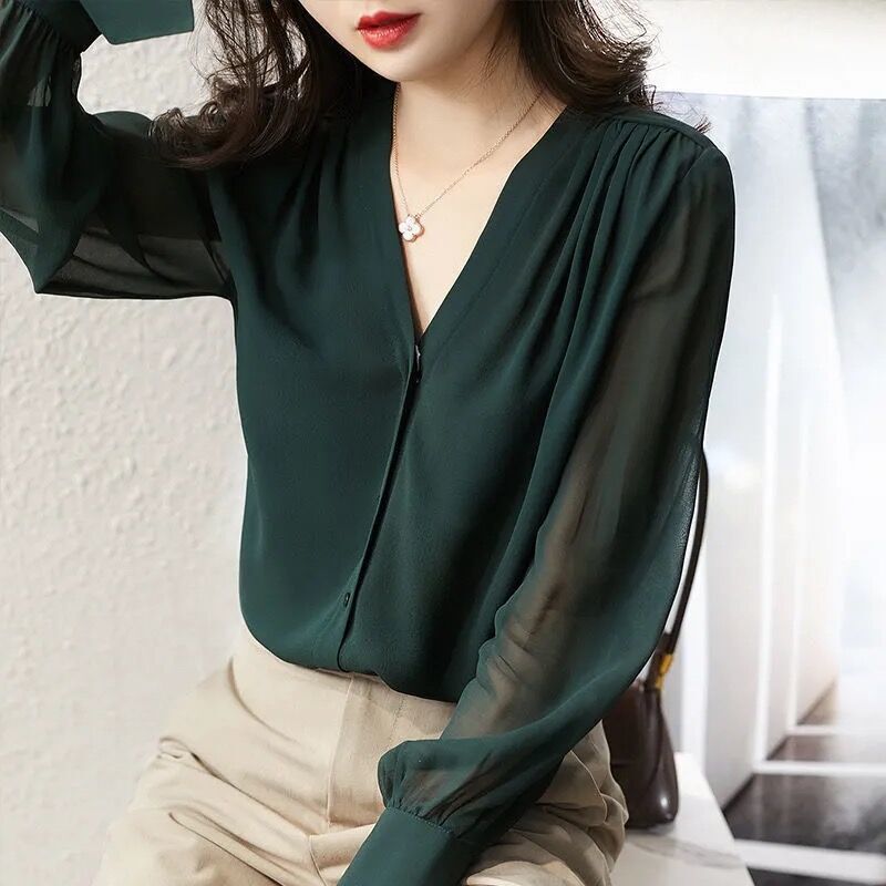 Blusa de manga larga para mujer, camisa holgada con botones de Color sólido, elegante, Vintage, primavera y verano, novedad