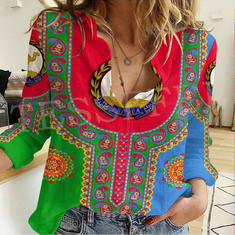 Рубашка женская с длинным рукавом, повседневная сорочка с принтом тату в стиле ретро, 3 отпечатка, с воротником на пуговицах, округ Африки, Эфиопия, Эритрея