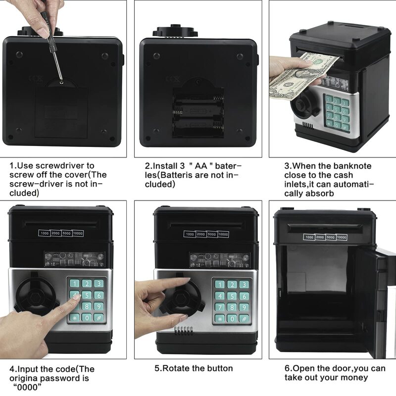 Black Piggy Bank for Kids, Electronic ATM Cash Coin Can Money Saving Box with Password, Children's Safe Money Jar with Auto Gra