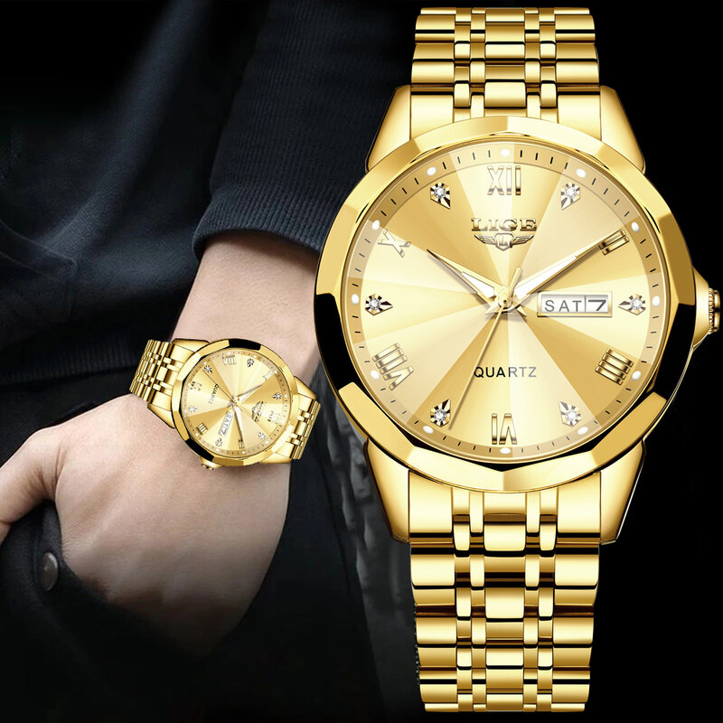 LIGE-Relógio de quartzo de luxo masculino, todo aço, design losango, relógio de pulso comercial, relógios impermeáveis, moda superior