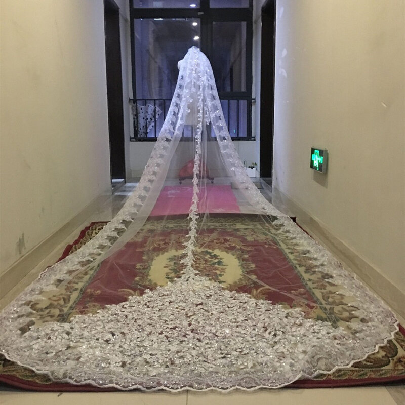 الفاخرة لامعة الترتر الزفاف الحجاب كاتدرائية الزفاف الحجاب الدانتيل حافة 1 طبقة معدنية مشط 5 متر طويل اكسسوارات الزفاف