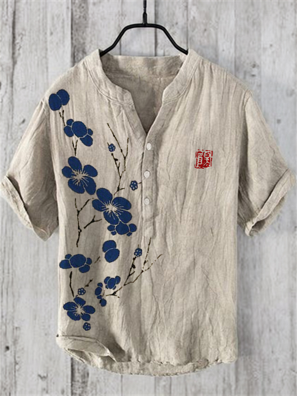 Japanse Kunst Print Heren Korte Mouwen T-Shirt Zomer 2024 Mode Urban T-Shirt Heren V-Hals Henley Shirt