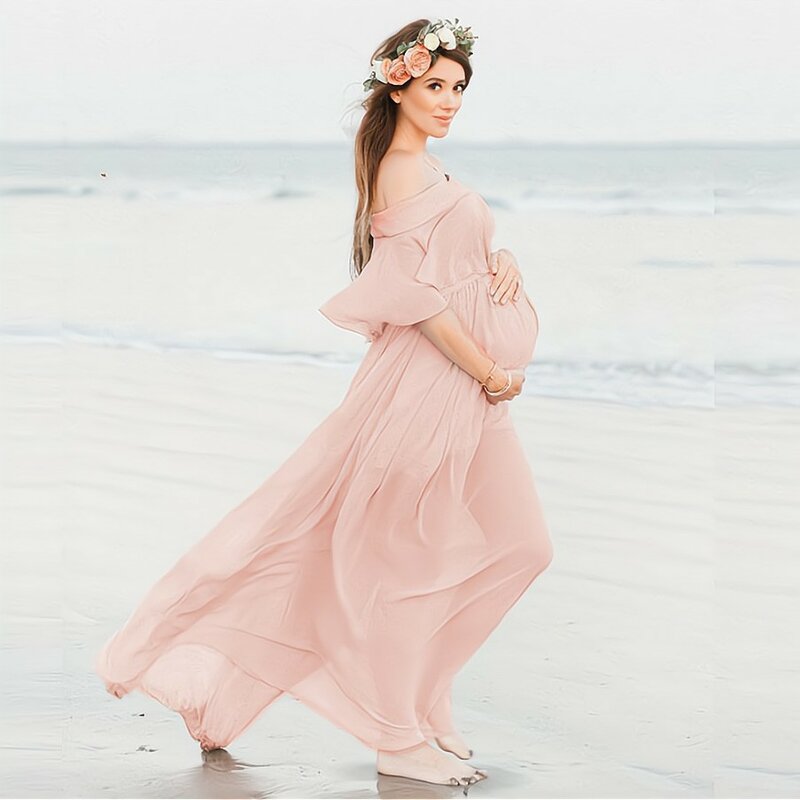 Robe maxi en mousseline de soie rose à volants pour femmes enceintes, accessoires de photographie, vêtements Premama, vêtements pour séance photo, bohème, nouveau