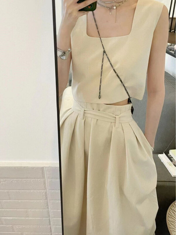 Sets Women Summer Chic Pure Crop Tanks Leisure Personality Loose Long High Waist Skirts All-match 2 Pcs Daily Outfits Harajuku
