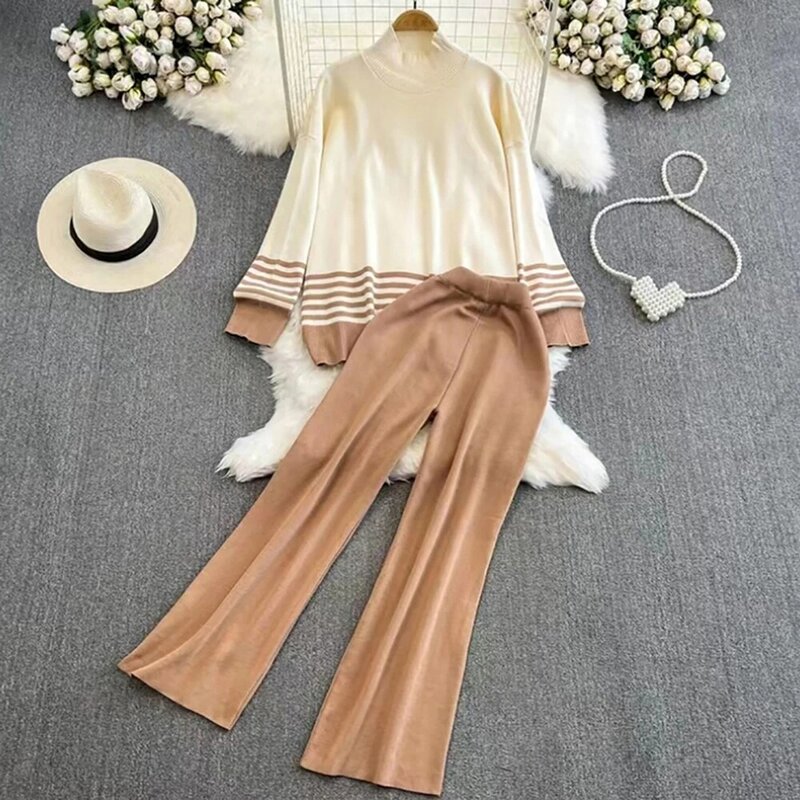 Jersey de manga larga con cuello redondo y pantalones de pierna ancha para mujer, de 2 piezas Conjunto elegante, sudaderas informales de Color sólido, otoño