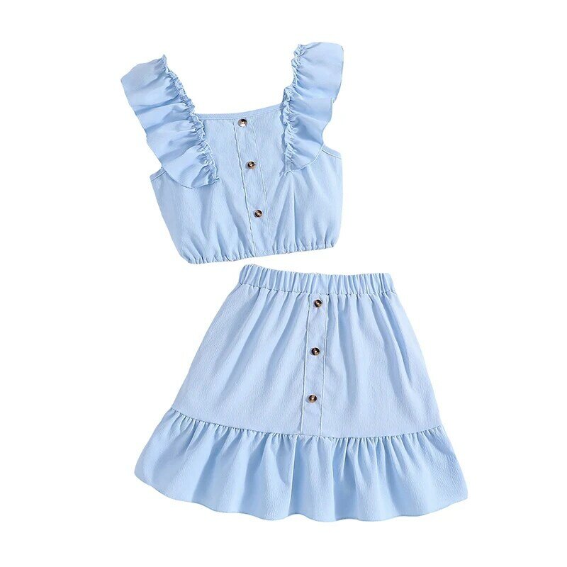ملابس صيفية بأكمام طائرة للفتيات ، مجموعة تنورة للأطفال ، قميص قصير بخصر مرن ، تنورة بخط واحد ، من 8 إلى 12 عامًا