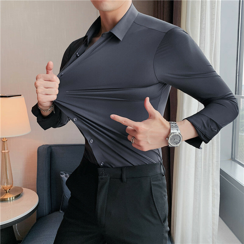 New Elastic Oxford Spinning Men's Long Sleeved Shirt Korean Edition Men's Business And Occupational Work Clothes Work Top Shirt