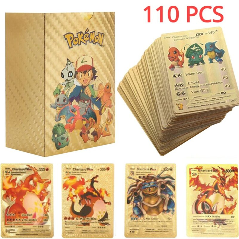 Pokemon Gold Foil Silver Game Collection Cartões, Charizard, Vmax, Gx, Espanhol, Inglês, Francês, Alemão, Folha, Novo, 27-110Pcs