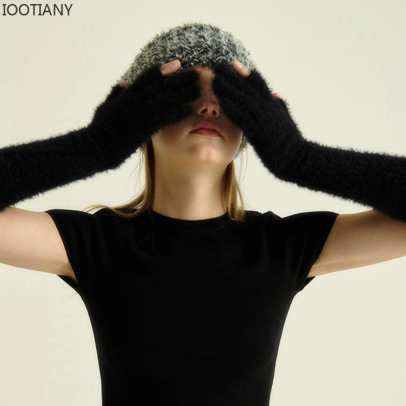 IOOTIANY-guantes de lana de punto para mujer, manguitos cálidos sin dedos para pantalla táctil, Color caramelo, 2023