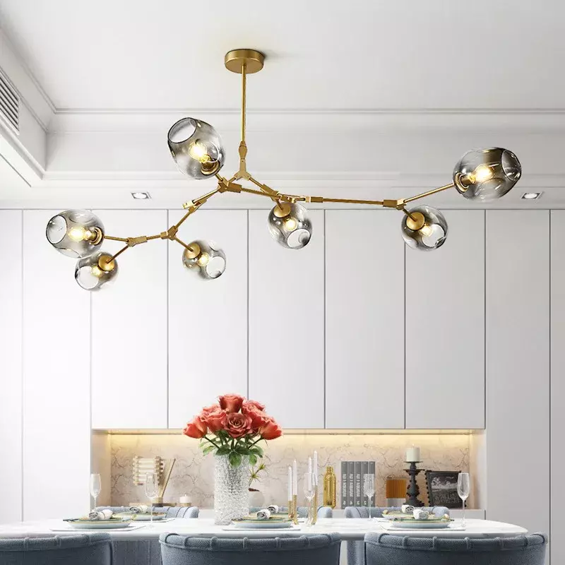 โคมไฟระย้าลูกแก้ว LED สีดำทองแบบนอร์ดิกสำหรับห้องนั่งเล่นบาร์ร้านอาหารที่ติดการตกแต่งบ้านในห้องครัวโคมไฟติดเพดาน