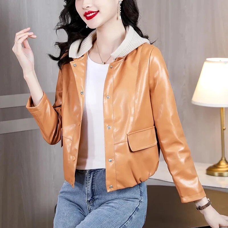 Новинка Осень 2023 модная куртка из искусственной кожи с капюшоном женское короткое кожаное пальто корейский тренд мотоциклетная одежда кожаное пальто