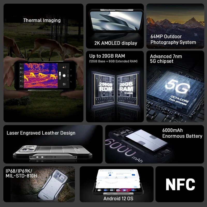 العرض العالمي الأول DOOGEE V20 Pro هاتف قوي شاشة 6.43 "2K AMOLED 12GB + 256GB 1440*1080 التصوير الحراري المتقدمة 7nm 5G شرائح