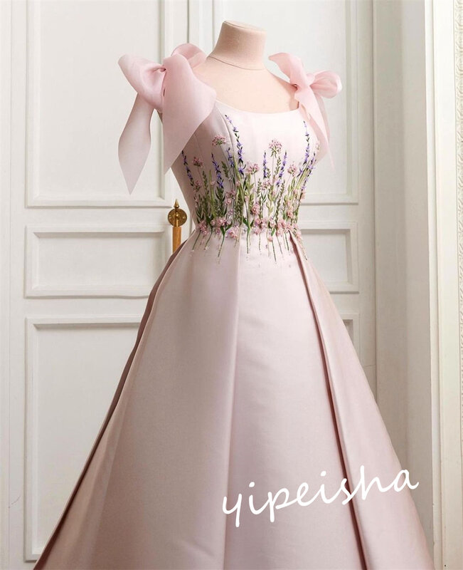 Nowoczesny styl formalny wieczór z ramienia suknia balowa z haftowaną kokardą satynowe sukienki na okazje