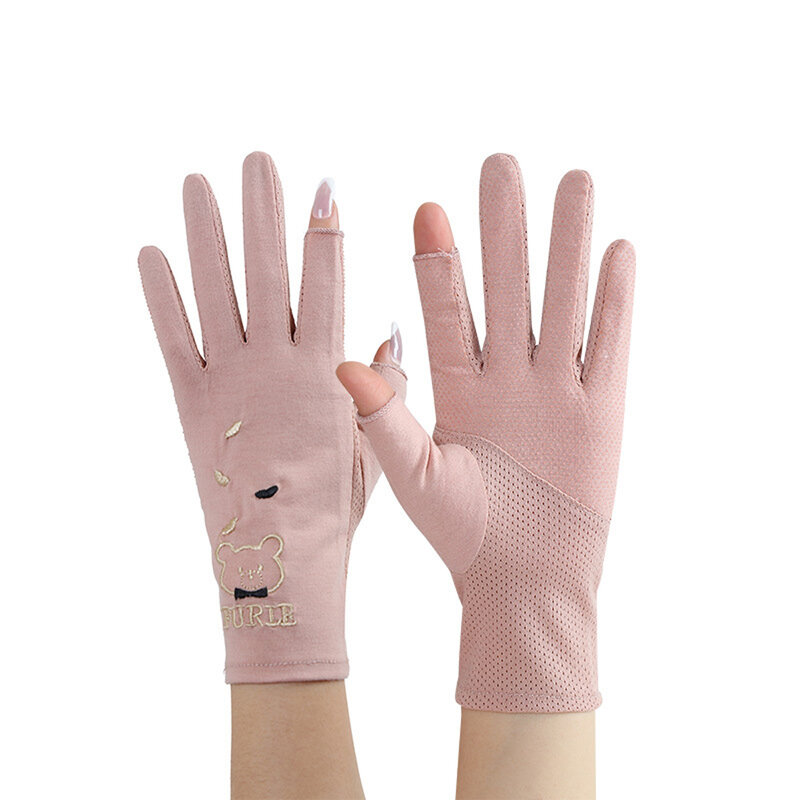 ถุงมือบางป้องกันรังสียูวีสำหรับผู้หญิงลายหมีระบายอากาศสำหรับฤดูร้อนน่ารักถุงมือขับรถถุงมือบาง