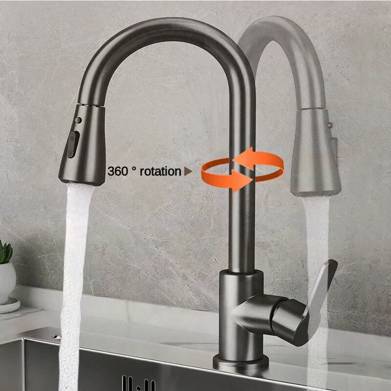 Maniglia a 2 modalità Pull rubinetti per lavello a prova di schizzi rotanti a 360 ° rubinetti da cucina in acciaio inossidabile freddo e miscelatore a caldo One-click Water Sto