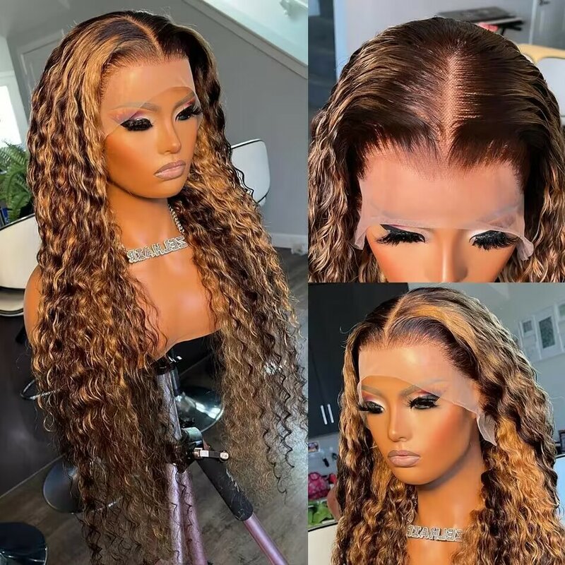 Peluca de cabello humano rizado para mujeres negras, postizo de encaje Frontal ombré de 30 y 34 pulgadas, color rubio miel, HD, ondas profundas
