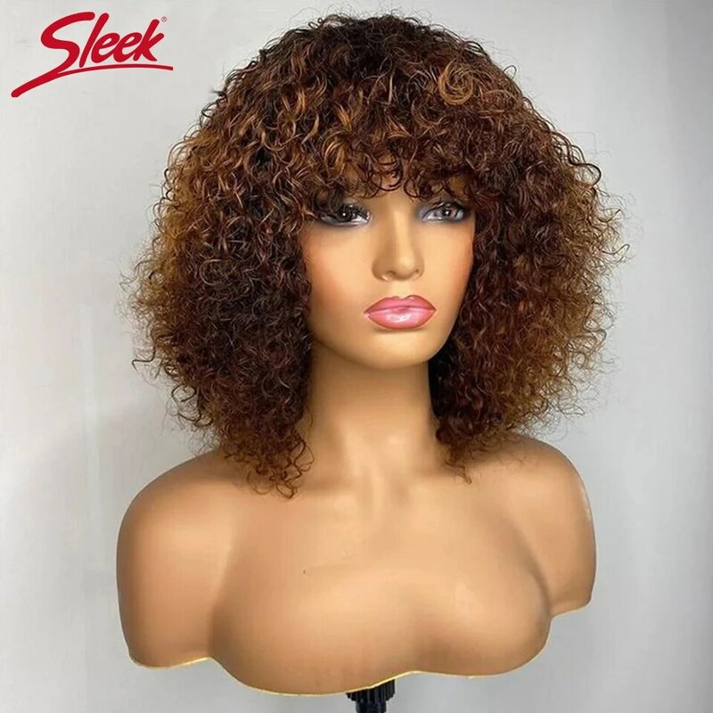 Pelucas de cabello humano con flequillo para mujer, pelo corto con corte Bob Pixie, rizado, sin malla frontal, resaltado, color rubio miel