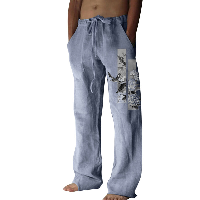 Men's Summer Casual Pants Daily Wear Printed Full Length Soft Linen Pants Mid Waist Pocket Drawstring Trousers Streetwear