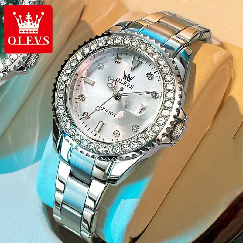 OLEVS jam tangan kuarsa untuk wanita, arloji Berlian Dial asli, jam tangan baja tahan karat tahan air untuk wanita