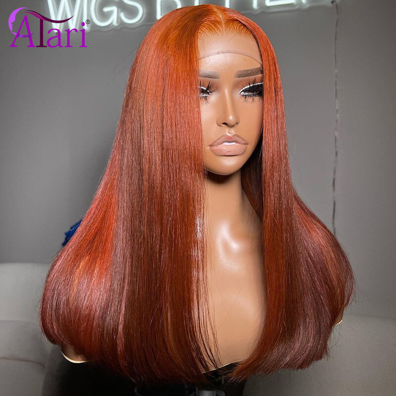 Peluca de cabello humano liso para mujeres negras, postizo de encaje Frontal transparente 13x4 13x6, color naranja jengibre, prearrancado, 5x5