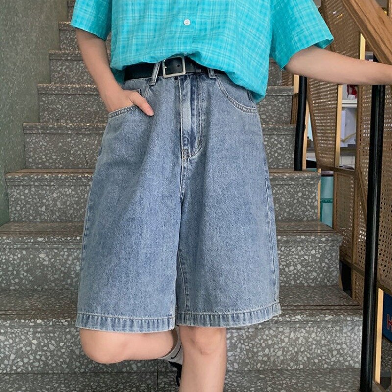 Denim Shorts Frauen hellblau weites Bein Vintage japanischen Stil Sommer hohe Taille Freizeit Chic Unisex einfache lose Streetwear bf