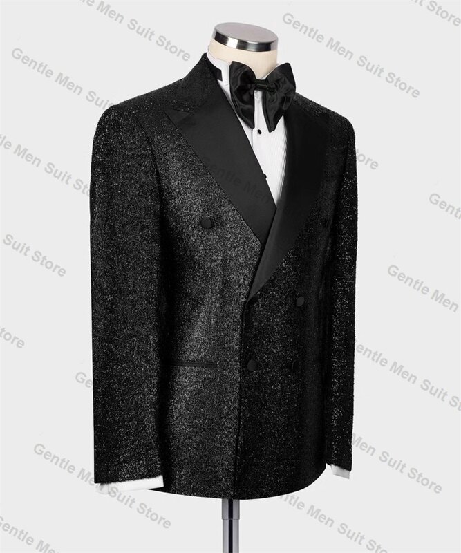 Setelan pakaian Pria Hitam Glitter, setelan jas pria hitam berkilau, 2 potong, Blazer + celana, kancing dua baris, mantel tuksedo pernikahan, celana jaket buatan kustom