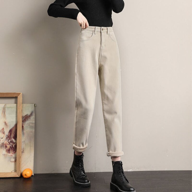 Jeans retrô casual forrado de lã feminino, calça high-end, look slim fit, perna reta, calça de cigarro, Y2K, outono, inverno