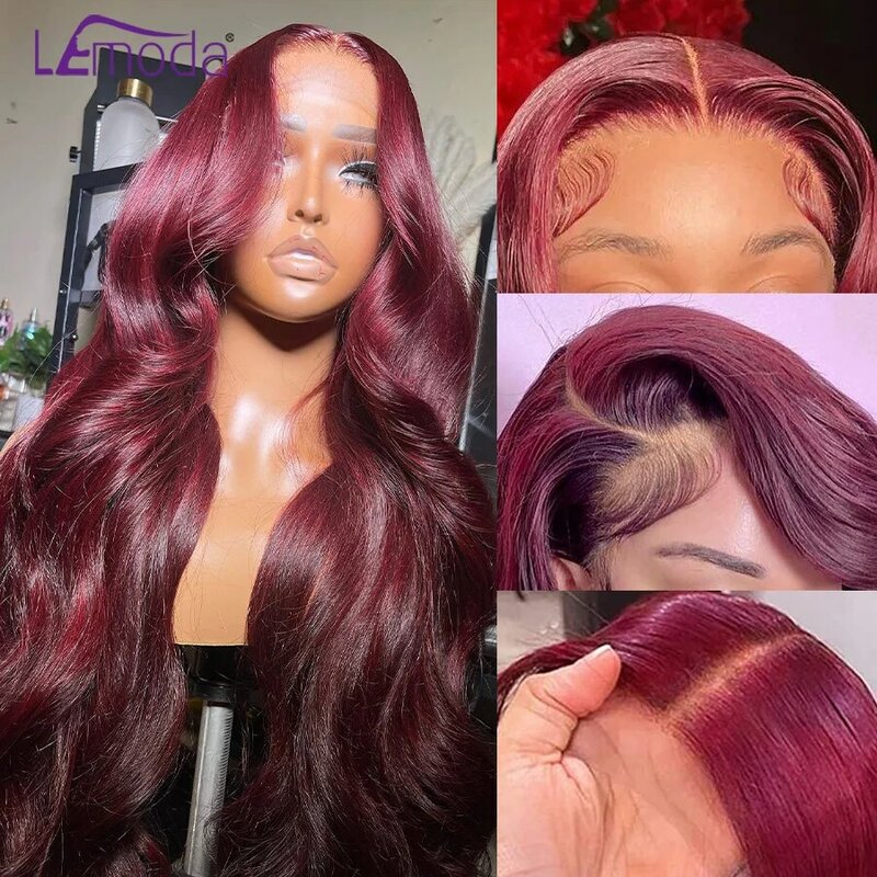 99J Body Wave Wig Human Hair 13x6 HD Lace Frontal Wig Burgundy Colored Lemoda 13x4 Full Frontal Lace Wig 30 32 Inches 12A Grade