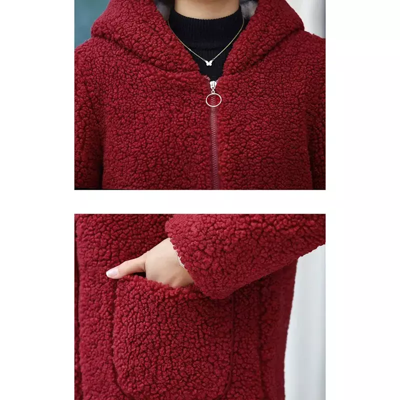 Chaqueta de lana Polar de lana de cordero para mujer, abrigo de algodón de terciopelo, abrigo de gran tamaño con capucha, Parkas de invierno para madre