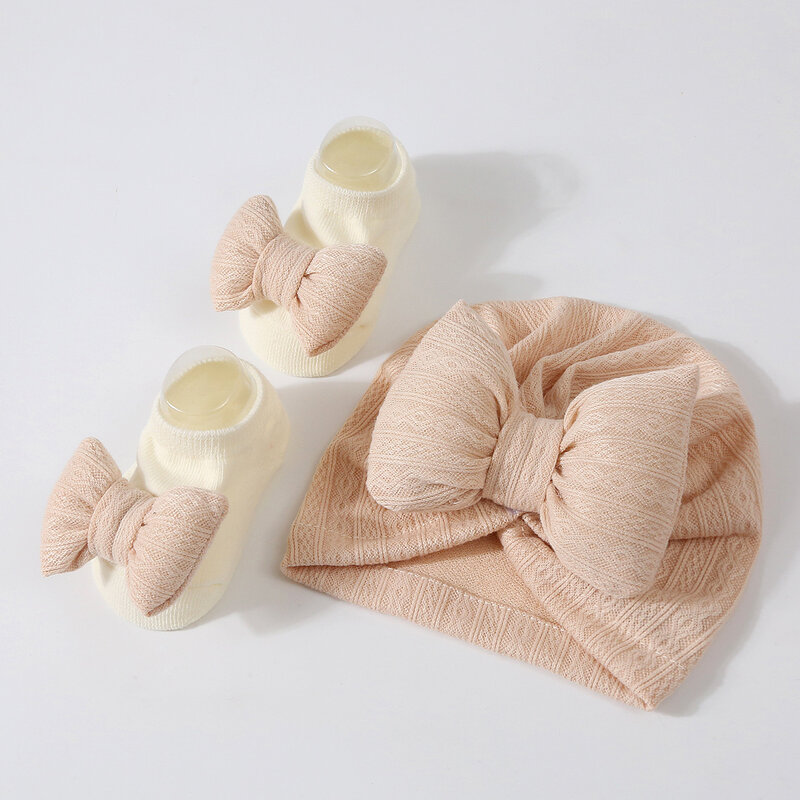 Newborn Baby Hat For Girls Elastic Knit Children Turban Baby Bows Soft Cotton Kids Headwear Hair Accessories with Baby Socks