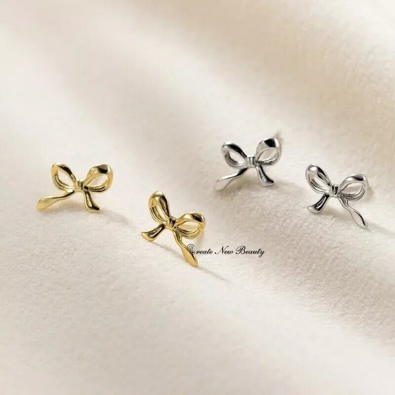 Modne kolczyki dla kobiet słodkie słodkie kolczyki z kokardą 925 srebrne igły proste minimalistyczne kolczyki do przekłuwania uszu biżuteria prezenty