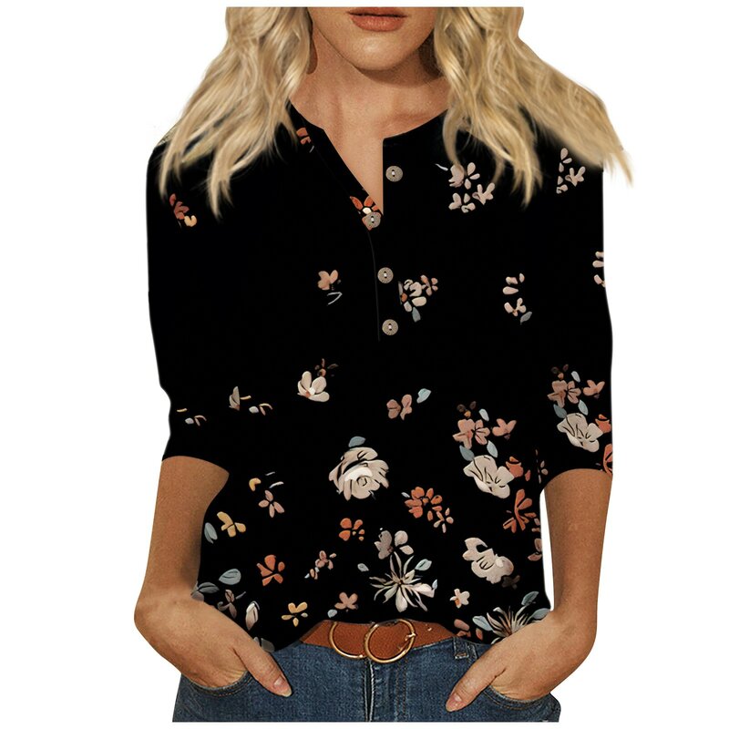 Women'S Clothing Delicate Fashion Plant Printed Women Pullovers Vintage V-Neck Button Summer 3/4 Sleeves Women Shirts Y2k 오프숄더