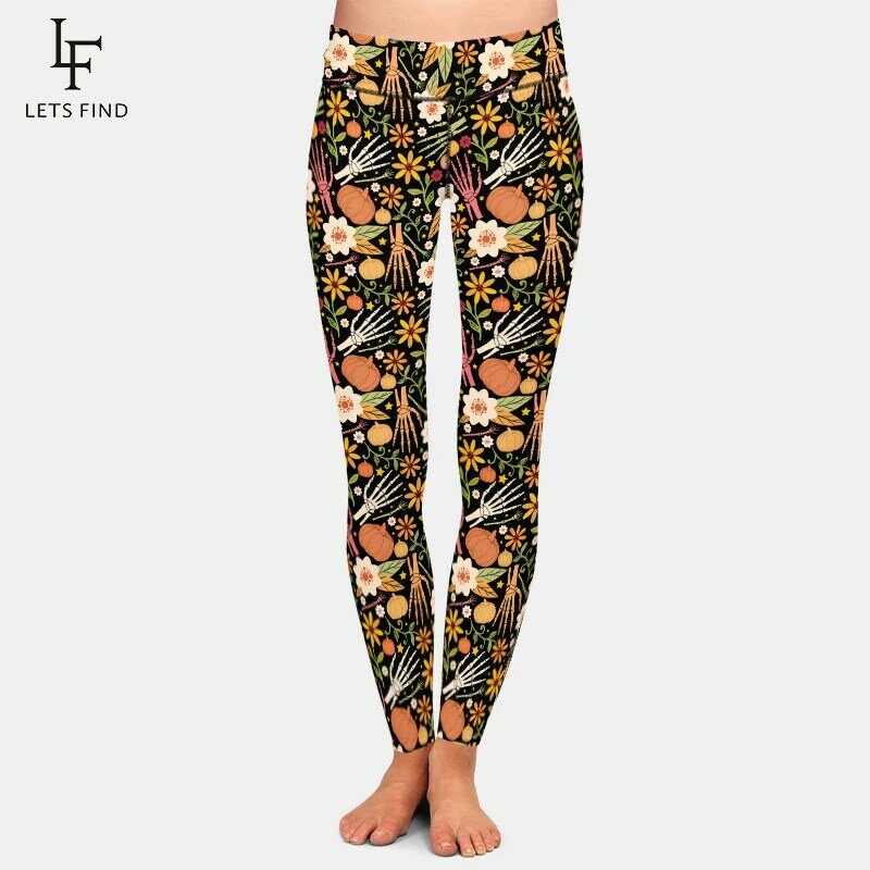 LETSFIND-Leggings femininas stretch full, cintura alta, padrão 3D de Halloween com ossos e elementos florais estampados, outono, novo