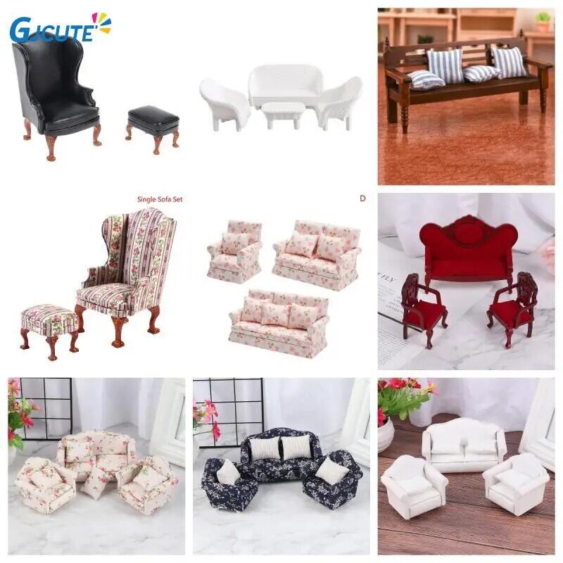 Móveis em miniatura para casa de bonecas, sofá de madeira com almofada, pano de flor rosa, brinquedos infantis, 1 conjunto