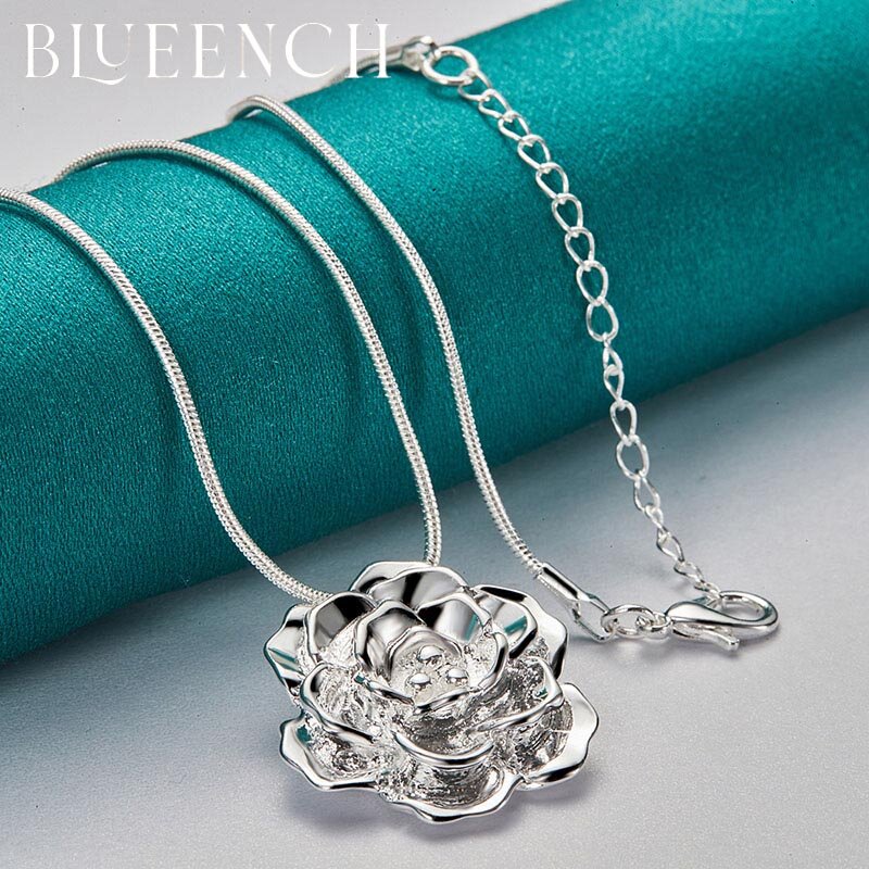 Blueench 925 prata esterlina flor estéreo pingente colar para senhoras festa de casamento moda glamour jóias