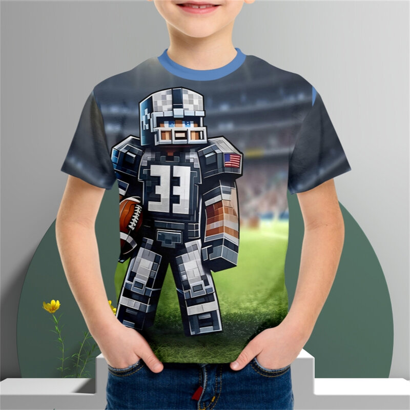 T-shirt imprimé pixel joueur de rugby pour enfants, vêtements de sport créatifs et décontractés, filles et garçons, 2 à 8 ans, été 2024