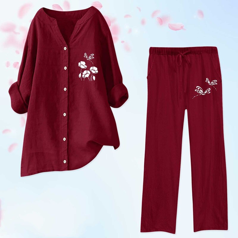 Conjunto de 2 piezas para mujer, blusa de pierna ancha con bolsillos y pantalones elásticos, camisa informal con cuello en V, mono de moda