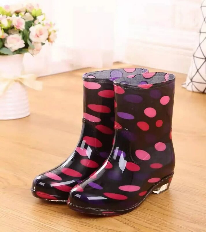 Print Rain Boots Women Waterproof Work Shoes for Girls Non Slip Anti Skip PVC Water Shoes Rainboots Mid-Calf Botas 2024