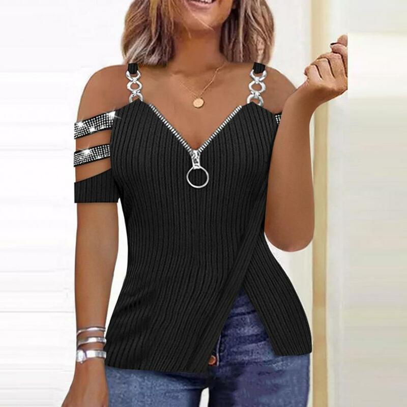 Women's V-neck Top Elegant V-neck Sequin Blouse Trendy Zip Detail Top Minimalistic Split Hem T-shirt Women's Summer for A