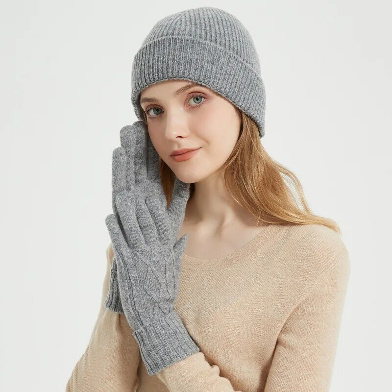 Set topi sarung tangan wol wanita, Aksesori Topi ski hangat musim gugur, Beanie untuk olahraga luar ruangan, mendaki mewah