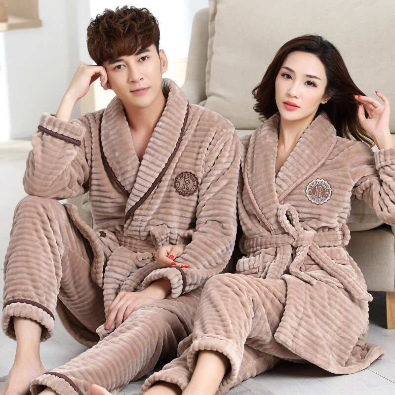 Robe + Pants 2PC Winter Fall Couple Pajama Suit Thick Warm Flannel Women Robe Sets Full Sleeve Sleepwear Men Pijamas Homewear