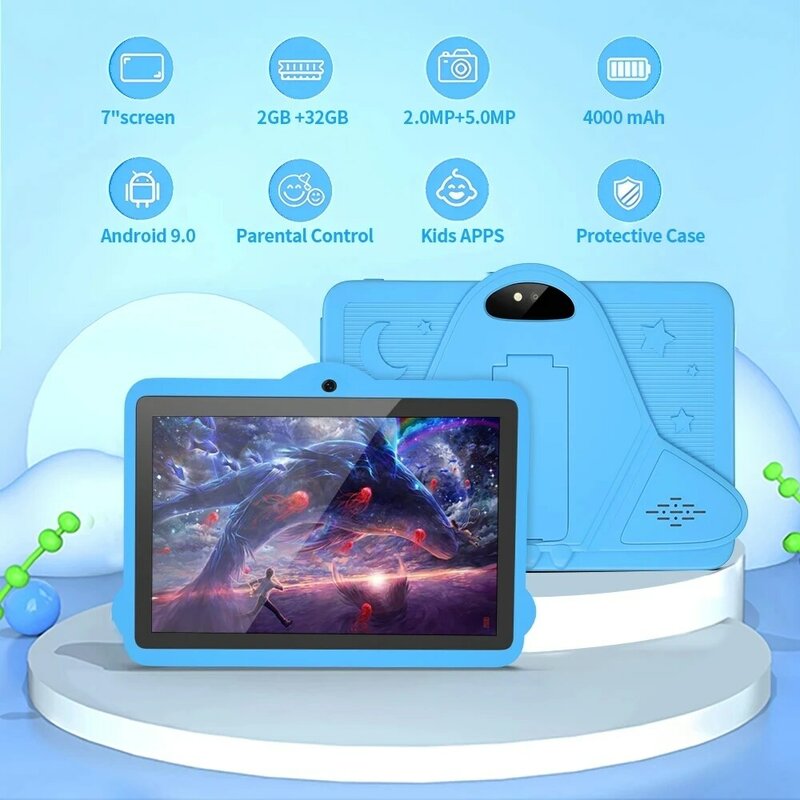7 Inch Children Tablet Android 9.0 Kids Quad Core 2GB+32GB ROM Dual Cameras Bluetooth 5G Wi-Fi Learning Education Game Tablet PC