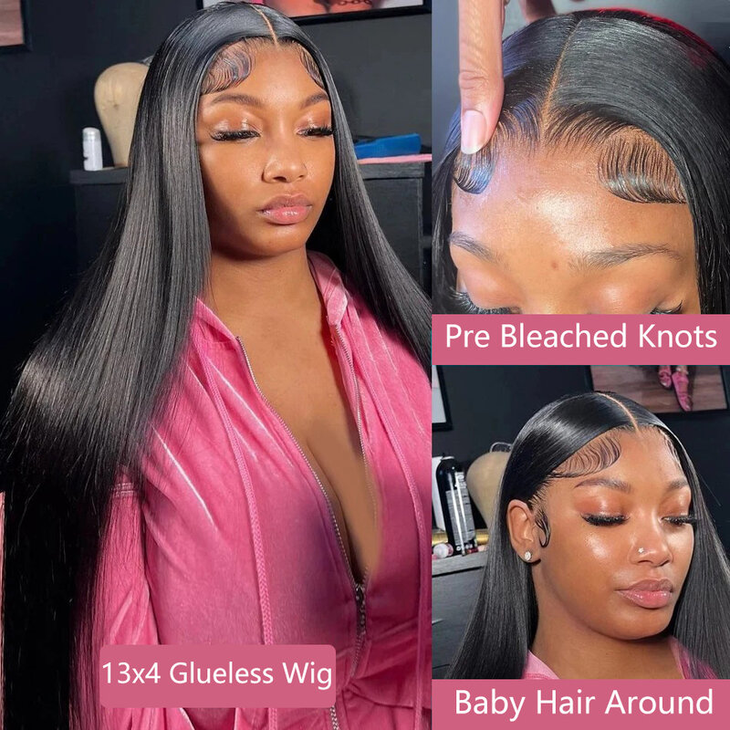 13x4 Lace Front Brazilian Wig Transparent Pre Cut Lace No Glue Pre Bleached Knots For Women Bone Straight 7x5 Lace Closure