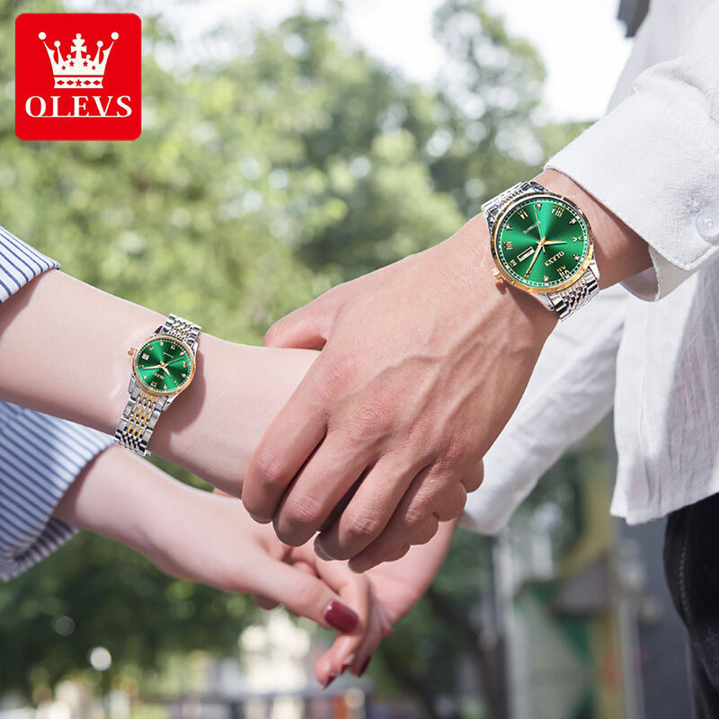 Olevs-男性と女性のための自動機械式時計,高級ステンレス鋼,カップルの時計,防水,発光,週,手首